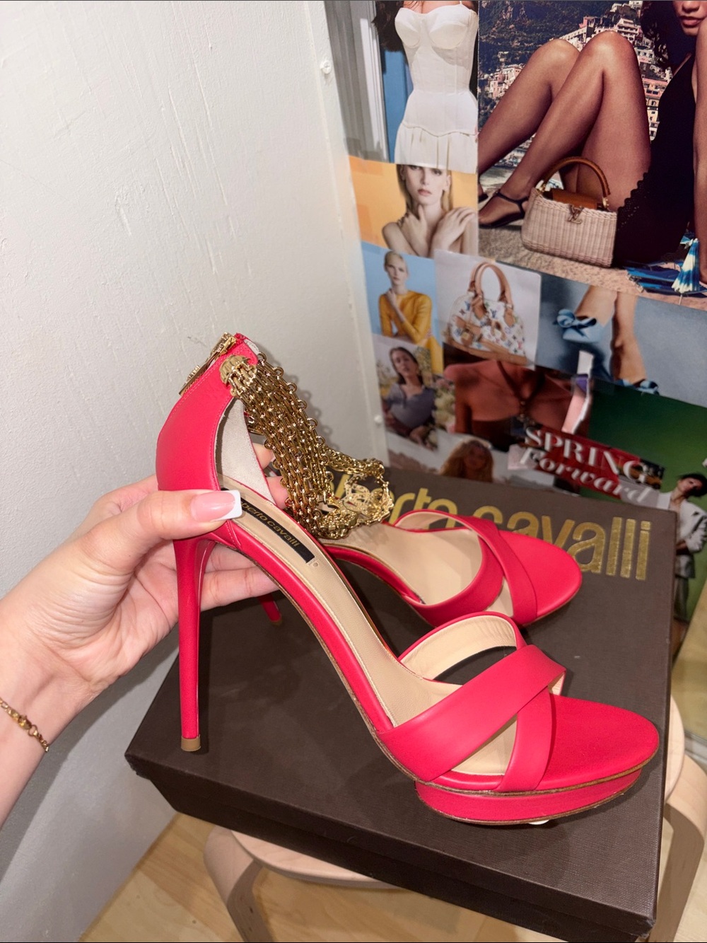 Roberto Cavalli Coral Pink Stiletto Sandals with Gold Chain Detail